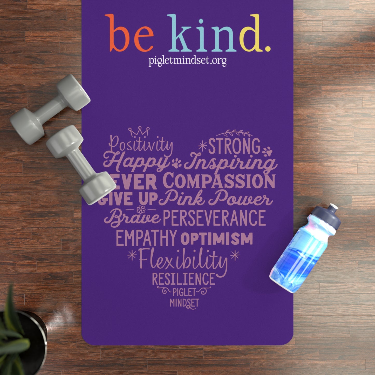 Piglet and Georgie's Kindness Club Rubber Yoga Mat — "be kind." Purple Non-Slip Exercise Mat